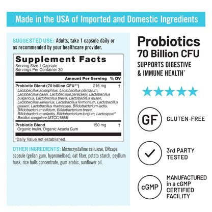 NatureWise Probiotics 70 Billion CFU - 17 Strains + Organic Prebiotics - Immune, Digestive & Gut Health Support for Women & Men - Vegetarian, Gluten-Free, Non-GMO - 30 Capsules[1-Month Supply] - Maple Wellness Supplements