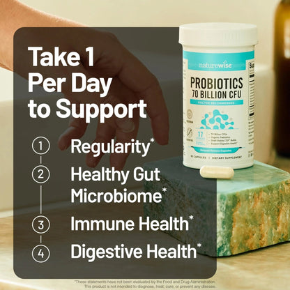 NatureWise Probiotics 70 Billion CFU - 17 Strains + Organic Prebiotics - Immune, Digestive & Gut Health Support for Women & Men - Vegetarian, Gluten-Free, Non-GMO - 30 Capsules[1-Month Supply] - Maple Wellness Supplements