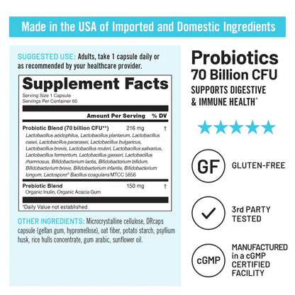 NatureWise Probiotics 70 Billion CFU - 17 Strains + Organic Prebiotics - Immune, Digestive & Gut Health Support for Women & Men - Vegetarian, Gluten-Free, Non-GMO - 60 Capsules[2-Month Supply] - Maple Wellness Supplements