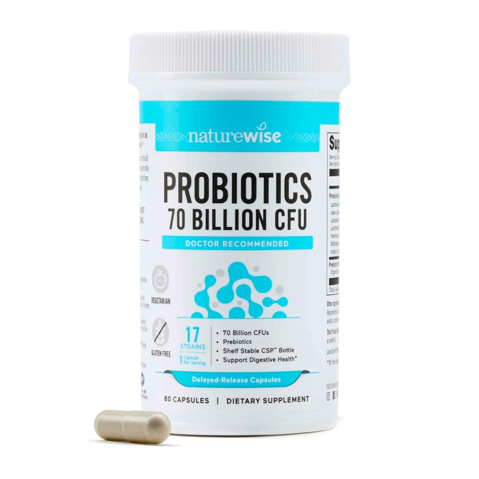 NatureWise Probiotics 70 Billion CFU - 17 Strains + Organic Prebiotics - Immune, Digestive & Gut Health Support for Women & Men - Vegetarian, Gluten-Free, Non-GMO - 60 Capsules[2-Month Supply] - Maple Wellness Supplements