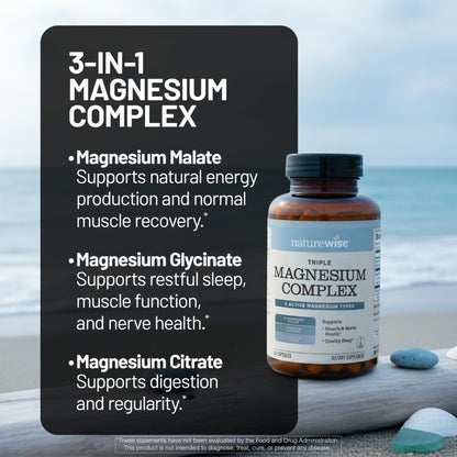 NatureWise Triple Magnesium Complex - High Absorption Magnesium Glycinate + Malate + Citrate for Muscle Nerve & Sleep Support - Vegan 90 Capsules - Maple Wellness Supplements