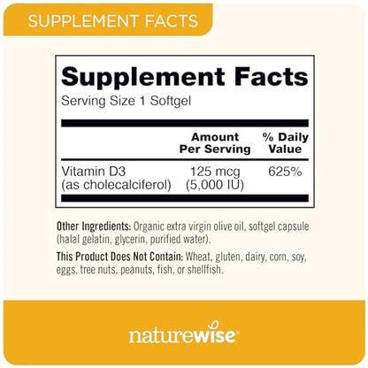 NatureWise Vitamin D3 5000iu (125 mcg) Healthy Muscle Function, and Immune Support - Maple Wellness Supplements