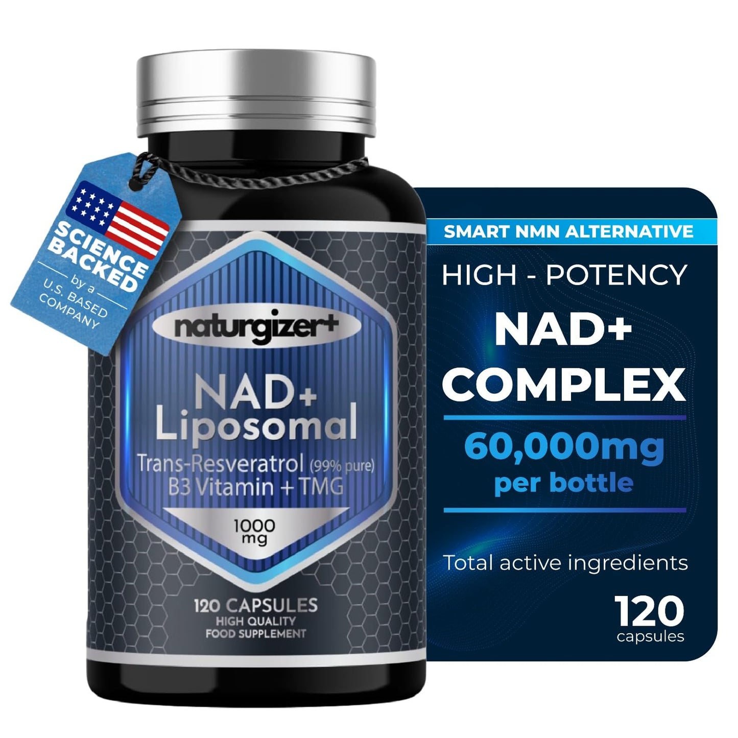 naturgizer+ Liposomal NAD+ Supplement with Resveratrol, TMG & Vitamin B3 | 4-in-1 Healthy Aging & Cellular Energy Support | High Absorption NAD Plus for Men & Women Over 40 | 120 Capsules - Maple Wellness Supplements