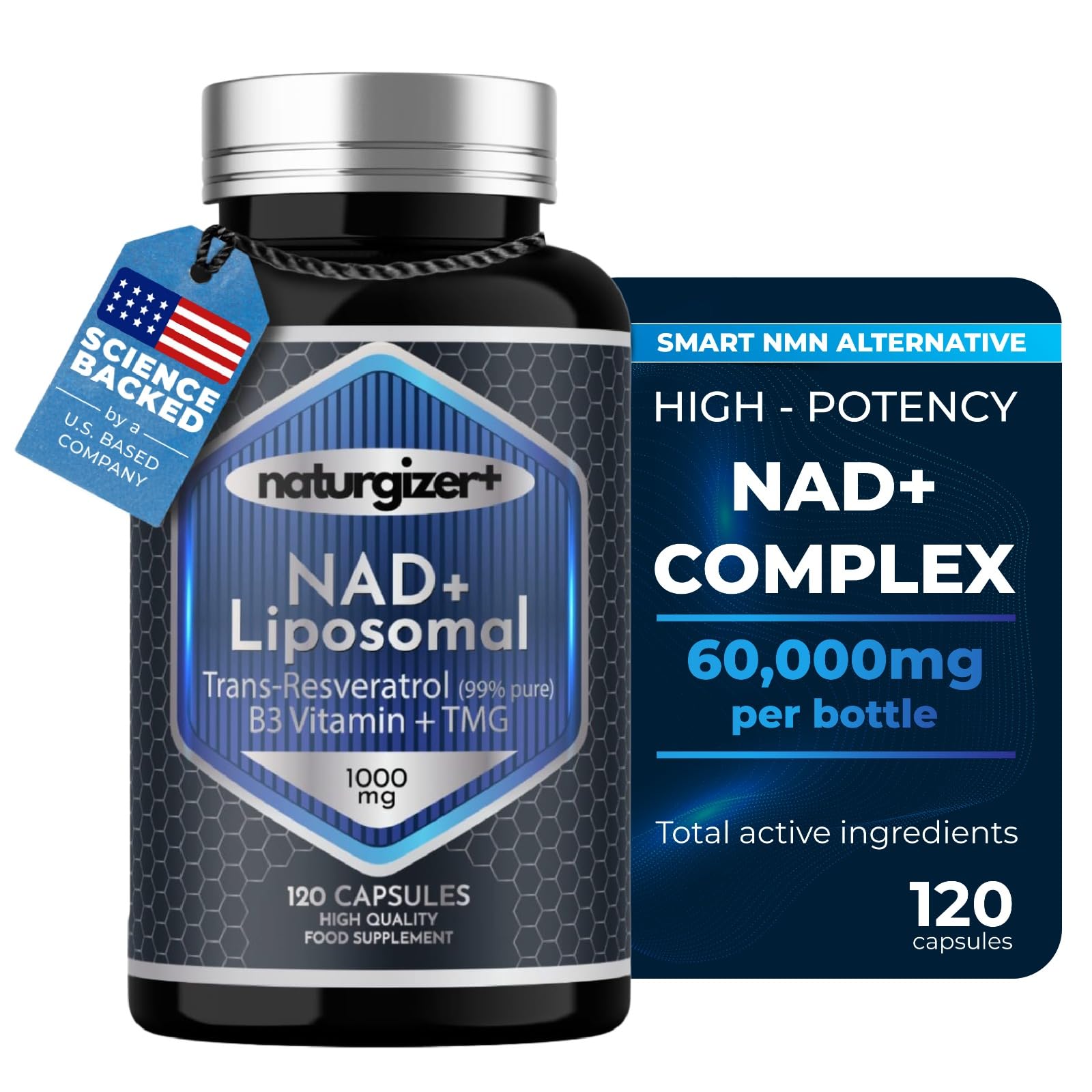 naturgizer+ Liposomal NAD+ Supplement with Resveratrol, TMG & Vitamin B3 | 4-in-1 Healthy Aging & Cellular Energy Support | High Absorption NAD Plus for Men & Women Over 40 | 120 Capsules - Maple Wellness Supplements
