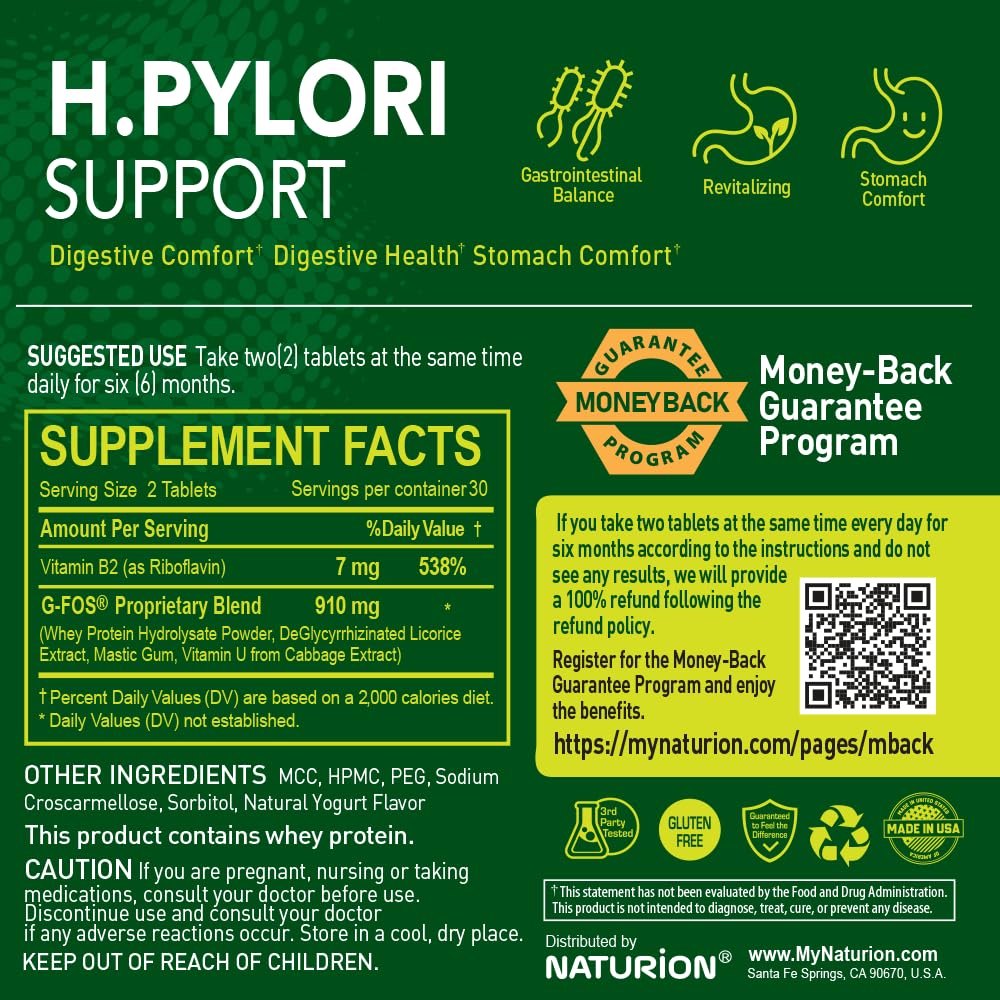 NATURION H. Pylori Support - Digestive Health Supplement with G-FOS Blend, Whey Protein, Licorice, Mastic Gum, Vitamin U, and Vitamin B2 - Stomach Comfort & Gut Balance - 60 Tablets, 30 Day Supply - Maple Wellness Supplements