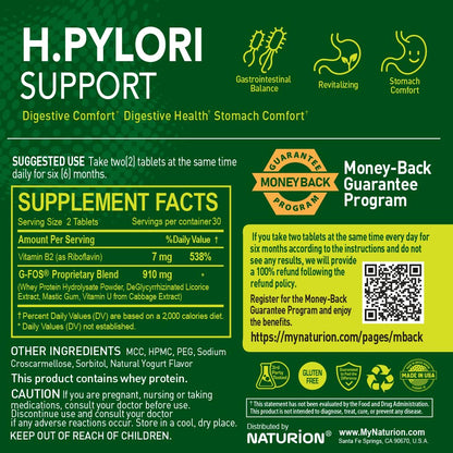 NATURION H. Pylori Support - Digestive Health Supplement with G-FOS Blend, Whey Protein, Licorice, Mastic Gum, Vitamin U, and Vitamin B2 - Stomach Comfort & Gut Balance - 60 Tablets, 30 Day Supply - Maple Wellness Supplements