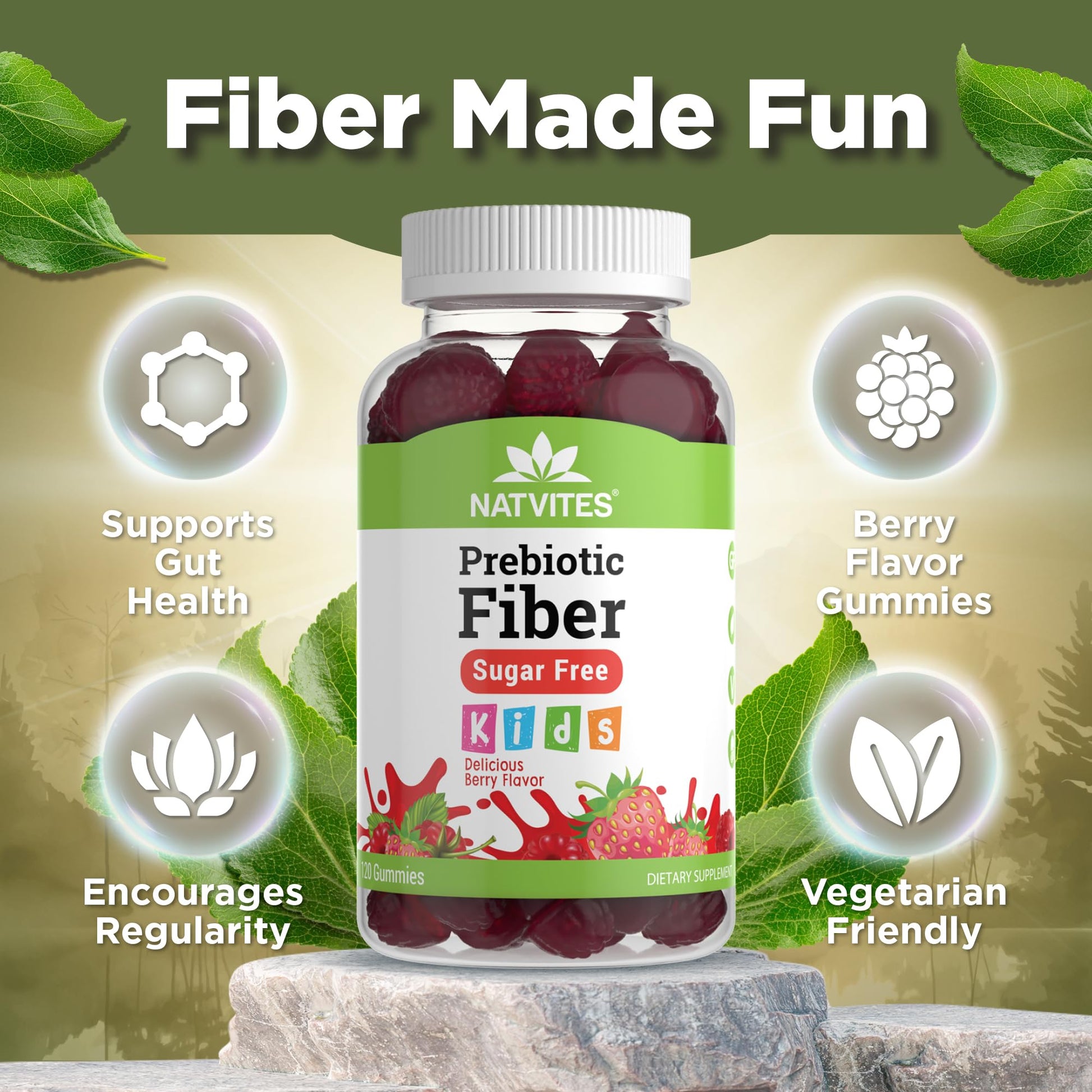 Natvites Prebiotic Kids Fiber Gummies, for Children Ages 2 & Up - Sugar Free Vegetarian Gelatin Free Non-GMO, Kids Fiber Supplements - Maple Wellness Supplements