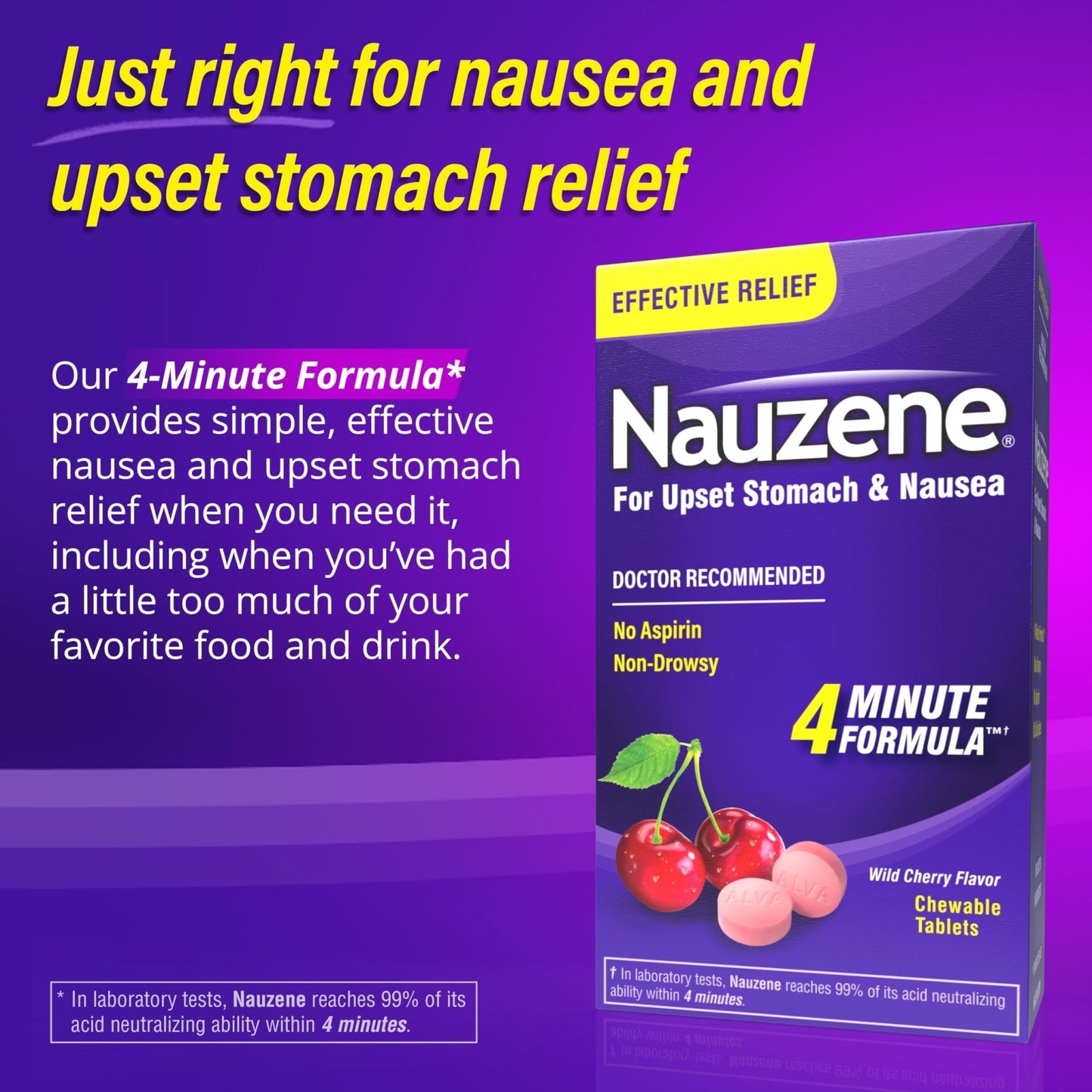 Nauzene Non-Drowsy Upset Stomach & Nausea Relief Chewable Tablets | 4-Minute Formula | Doctor Recommended | Wild Cherry Flavor | 56 Count - Maple Wellness Supplements