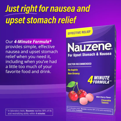 Nauzene Non-Drowsy Upset Stomach & Nausea Relief Chewable Tablets | 4-Minute Formula | Doctor Recommended | Wild Cherry Flavor | 56 Count - Maple Wellness Supplements