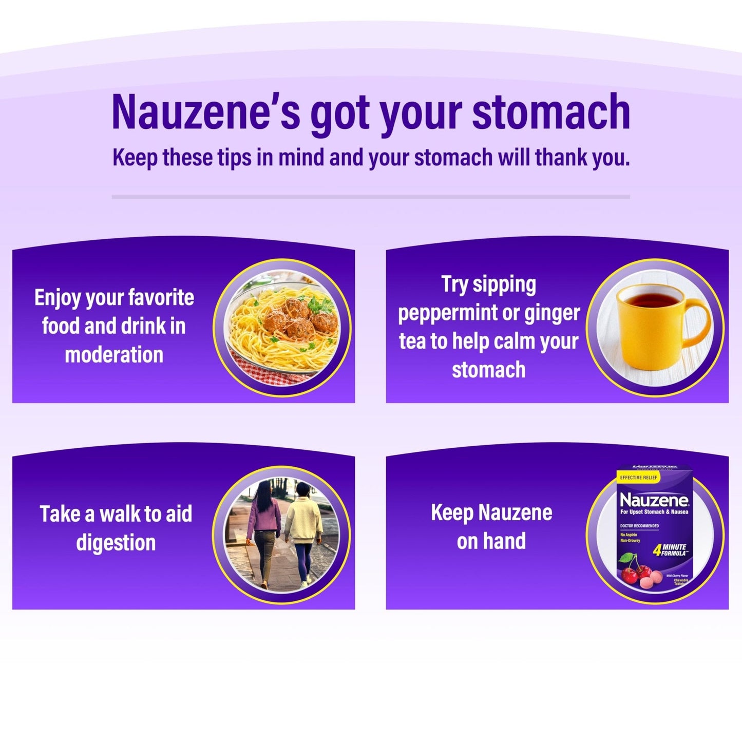 Nauzene Non-Drowsy Upset Stomach & Nausea Relief Chewable Tablets | 4-Minute Formula | Doctor Recommended | Wild Cherry Flavor | 56 Count - Maple Wellness Supplements