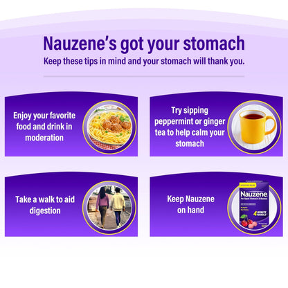 Nauzene Non-Drowsy Upset Stomach & Nausea Relief Chewable Tablets | 4-Minute Formula | Doctor Recommended | Wild Cherry Flavor | 56 Count - Maple Wellness Supplements