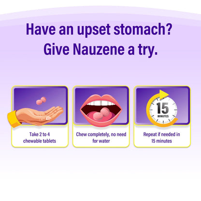 Nauzene Non-drowsy Upset Stomach & Nausea Relief Chewable Tablets - Fast-Acting Relief in 4 Minutes - Doctor Recommended - Wild Cherry Flavor, 42 ct - Maple Wellness Supplements