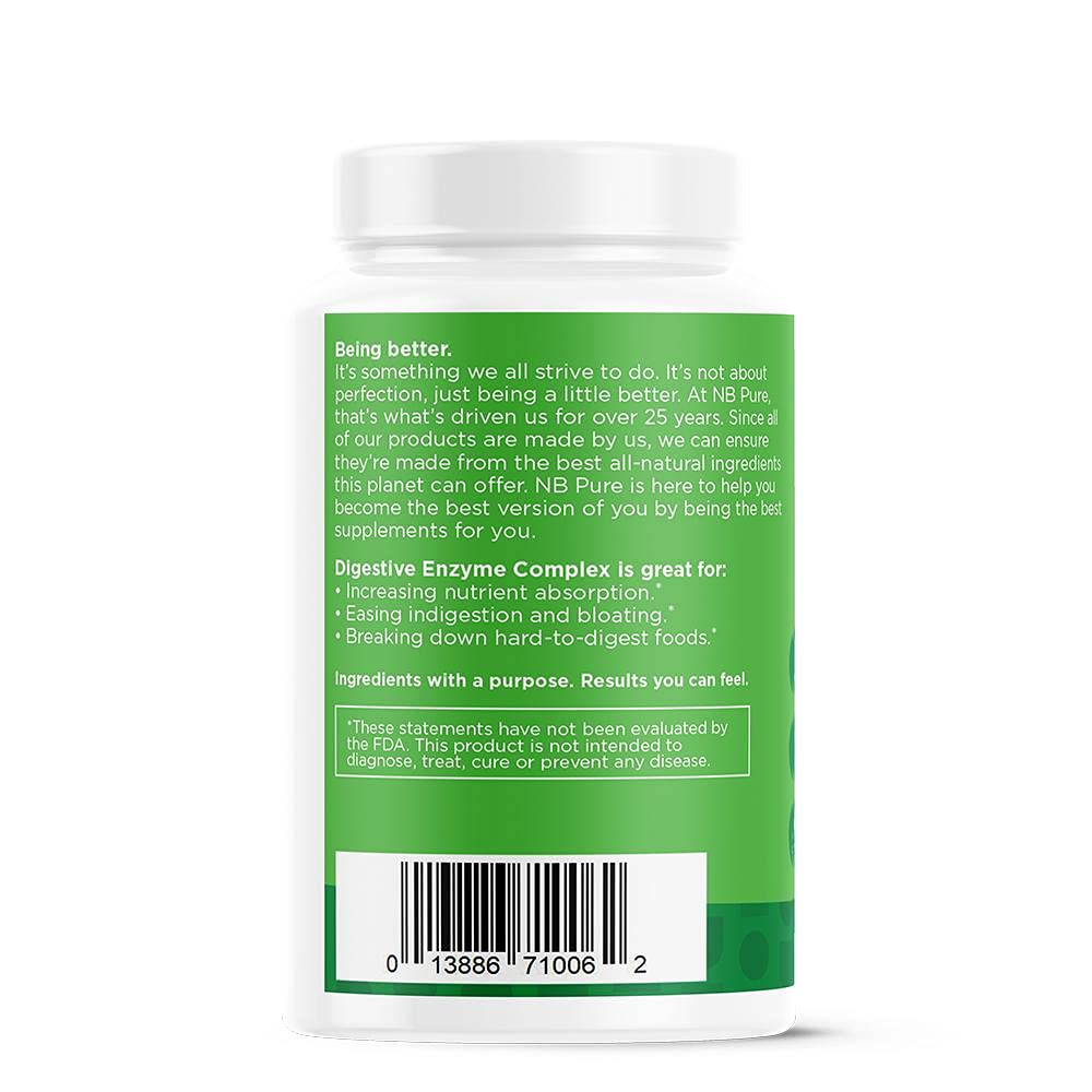 nbpure Vegan Digestive Enzyme Complex – Daily Bloating, Gas, & Food Digestive Support for Women & Men – 12 Enzymes & 3 Herbs – Lactase, Protease, Lipase - Maple Wellness Supplements