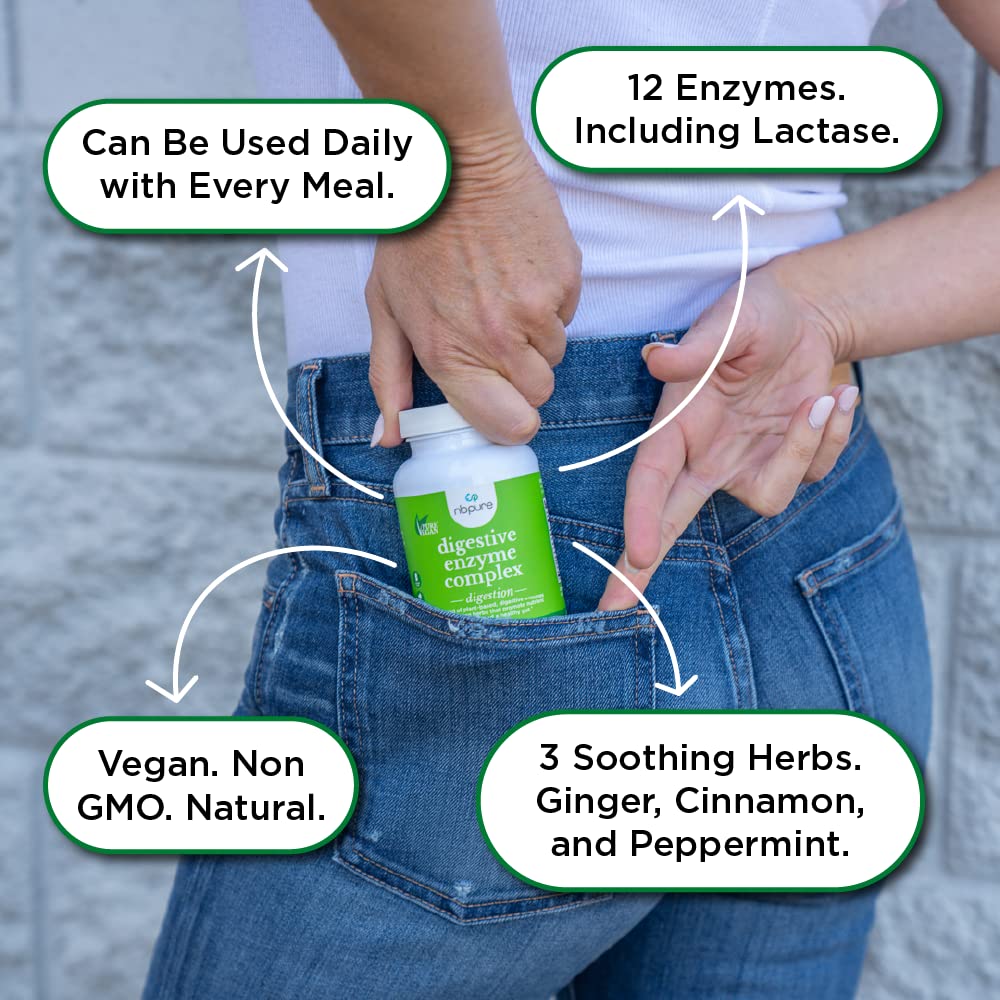 nbpure Vegan Digestive Enzyme Complex – Daily Bloating, Gas, & Food Digestive Support for Women & Men – 12 Enzymes & 3 Herbs – Lactase, Protease, Lipase - Maple Wellness Supplements