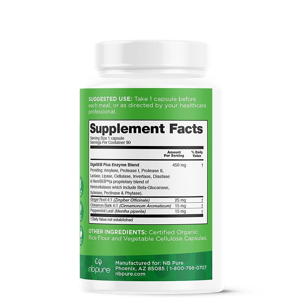 nbpure Vegan Digestive Enzyme Complex – Daily Bloating, Gas, & Food Digestive Support for Women & Men – 12 Enzymes & 3 Herbs – Lactase, Protease, Lipase - Maple Wellness Supplements