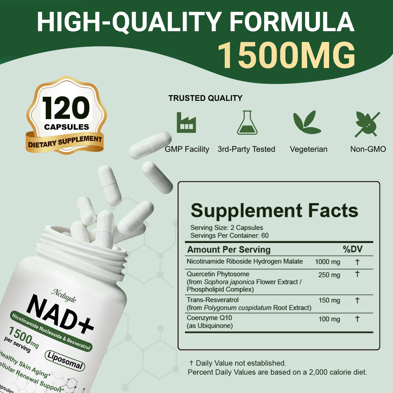 Ncduyde NAD+ Supplement, Liposomal NAD Nicotinamide Riboside Resveratrol 1500 mg - Anti-Aging & Brain Health, Improve Energy - Maple Wellness Supplements