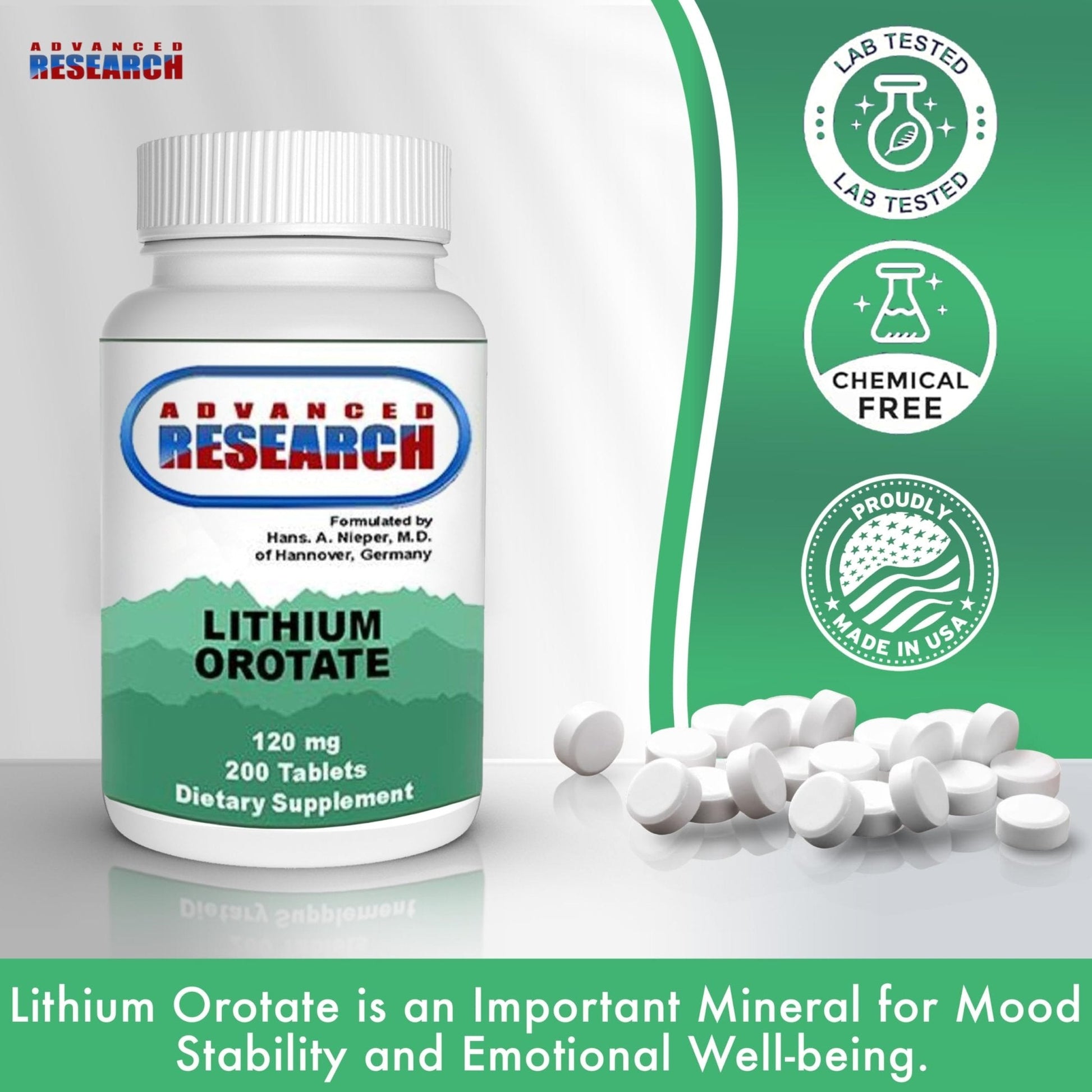 NCI Advanced Research Dr. Hans Nieper Lithium Orotate 5mg, 200 Count, Lab Tested, Non-GMO, Gluten Free, Vegan Friendly - Maple Wellness Supplements