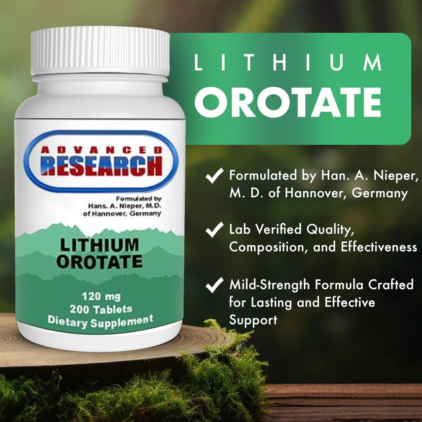 NCI Advanced Research Dr. Hans Nieper Lithium Orotate 5mg, 200 Count, Lab Tested, Non-GMO, Gluten Free, Vegan Friendly - Maple Wellness Supplements