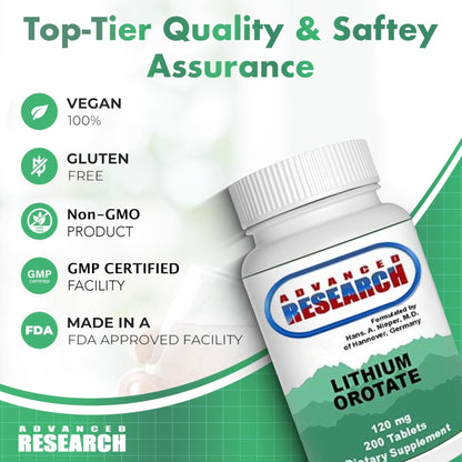 NCI Advanced Research Dr. Hans Nieper Lithium Orotate 5mg, 200 Count, Lab Tested, Non-GMO, Gluten Free, Vegan Friendly - Maple Wellness Supplements