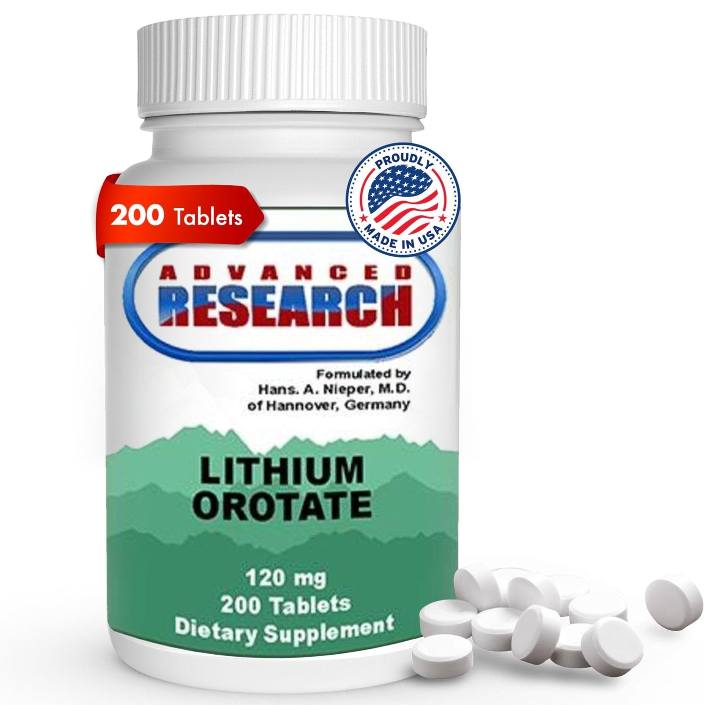 NCI Advanced Research Dr. Hans Nieper Lithium Orotate 5mg, 200 Count, Lab Tested, Non-GMO, Gluten Free, Vegan Friendly - Maple Wellness Supplements
