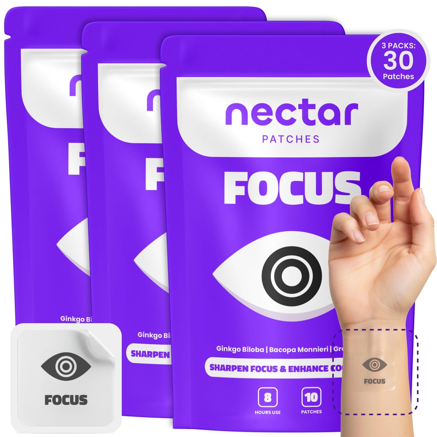 Nectar Focus Patches | Natural Cognitive Support with Ginkgo Biloba, Bacopa & Magnesium for Memory – Mental Clarity Neuro Patches for Work, Study – Clean Plant-Based Nootropic Alternative | 30 Count - Maple Wellness Supplements