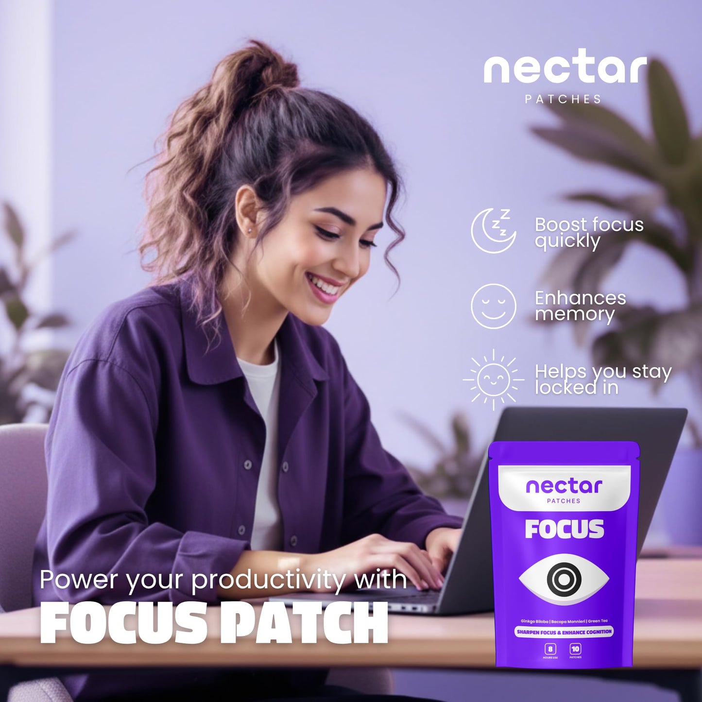 Nectar Focus Patches | Natural Cognitive Support with Ginkgo Biloba, Bacopa & Magnesium for Memory – Mental Clarity Neuro Patches for Work, Study – Clean Plant-Based Nootropic Alternative | 30 Count - Maple Wellness Supplements