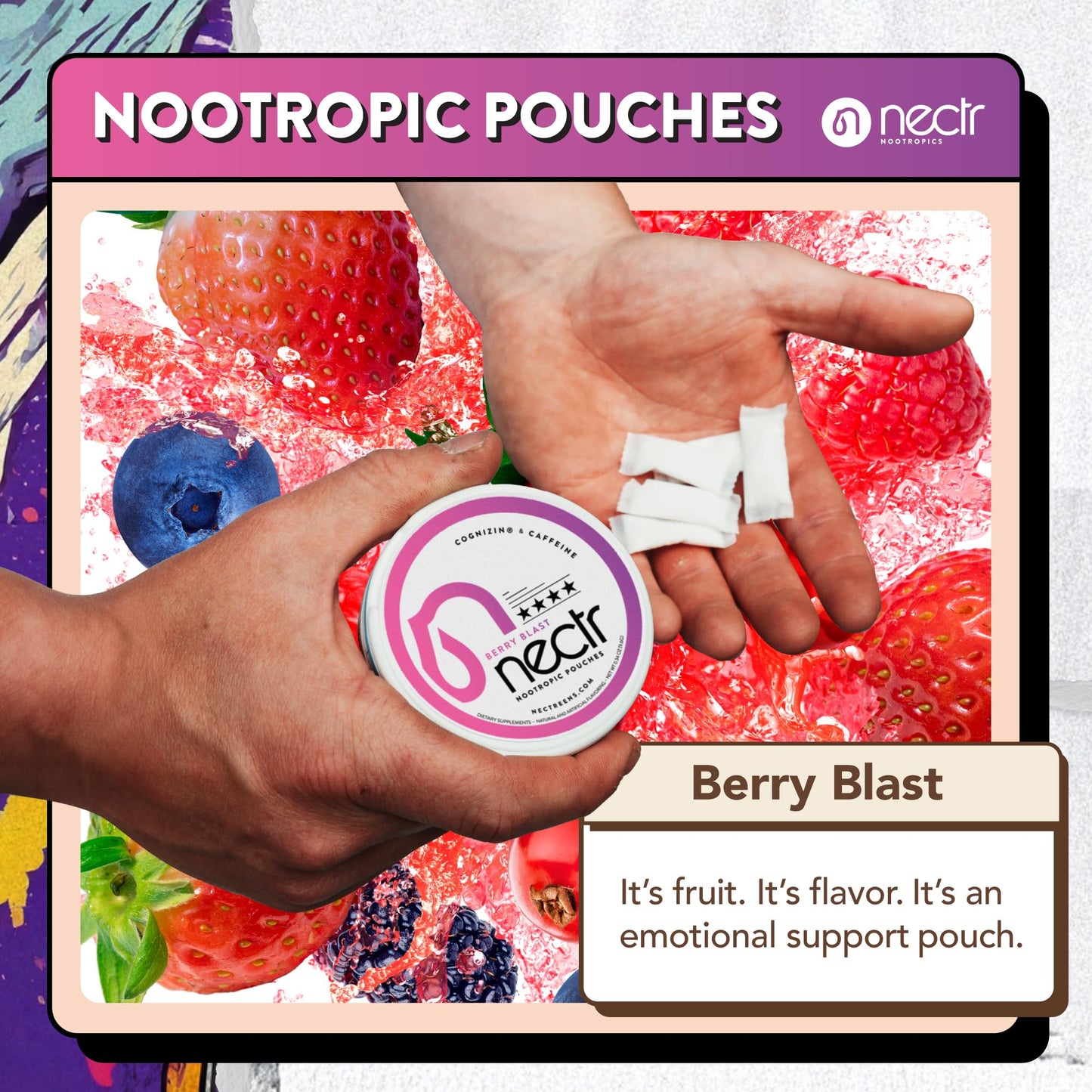 Nectr Energy Nootropic Pouches – Berry Blast Flavored, Caffeine Pouches with Cognizin® Citicoline. Sugar-Free Brain Treats. Smooth, Sustained Focus & Energy Supplement - 1 Puck of 16pcs - Maple Wellness Supplements