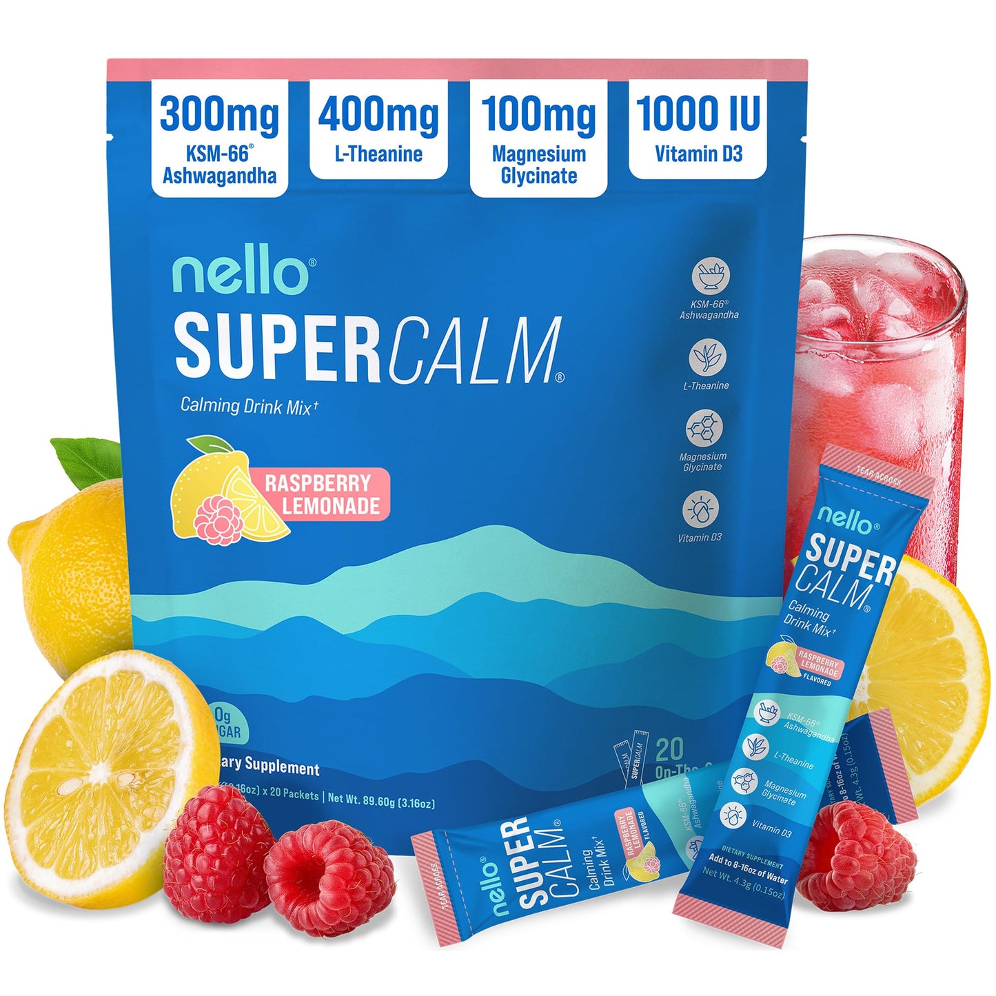 Nello Supercalm Powdered Drink Mix, Cortisol Reducer and Sleep Aid Supplement, L Theanine, Ksm-66 Ashwagandha, Magnesium Glycinate, Vitamin D 3, No Sugar, Non GMO - Maple Wellness Supplements
