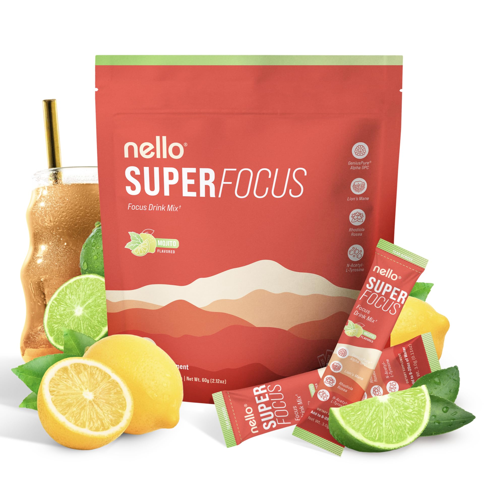 Nello Superfocus Mojito – Nootropic Focus Drink Mix, 20 On-The-Go Packets, Alpha GPC, Lion’s Mane, Rhodiola, Sugar-Free - Maple Wellness Supplements