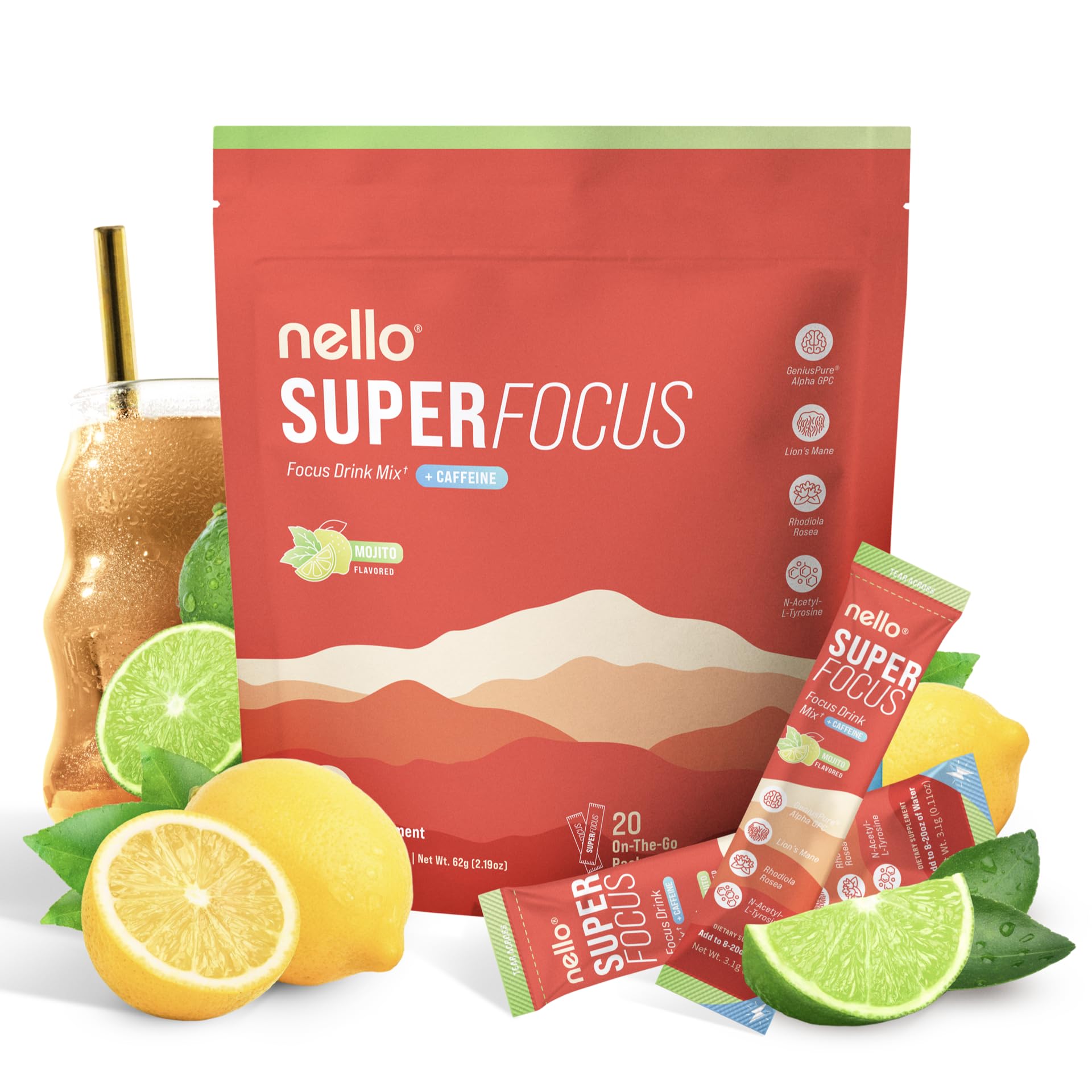 Nello Superfocus Mojito with Caffeine Nootropic Focus Drink Mix, 20 On-The-Go Packets, Alpha GPC, Lions Mane, Rhodiola, Sugar-Free - Maple Wellness Supplements