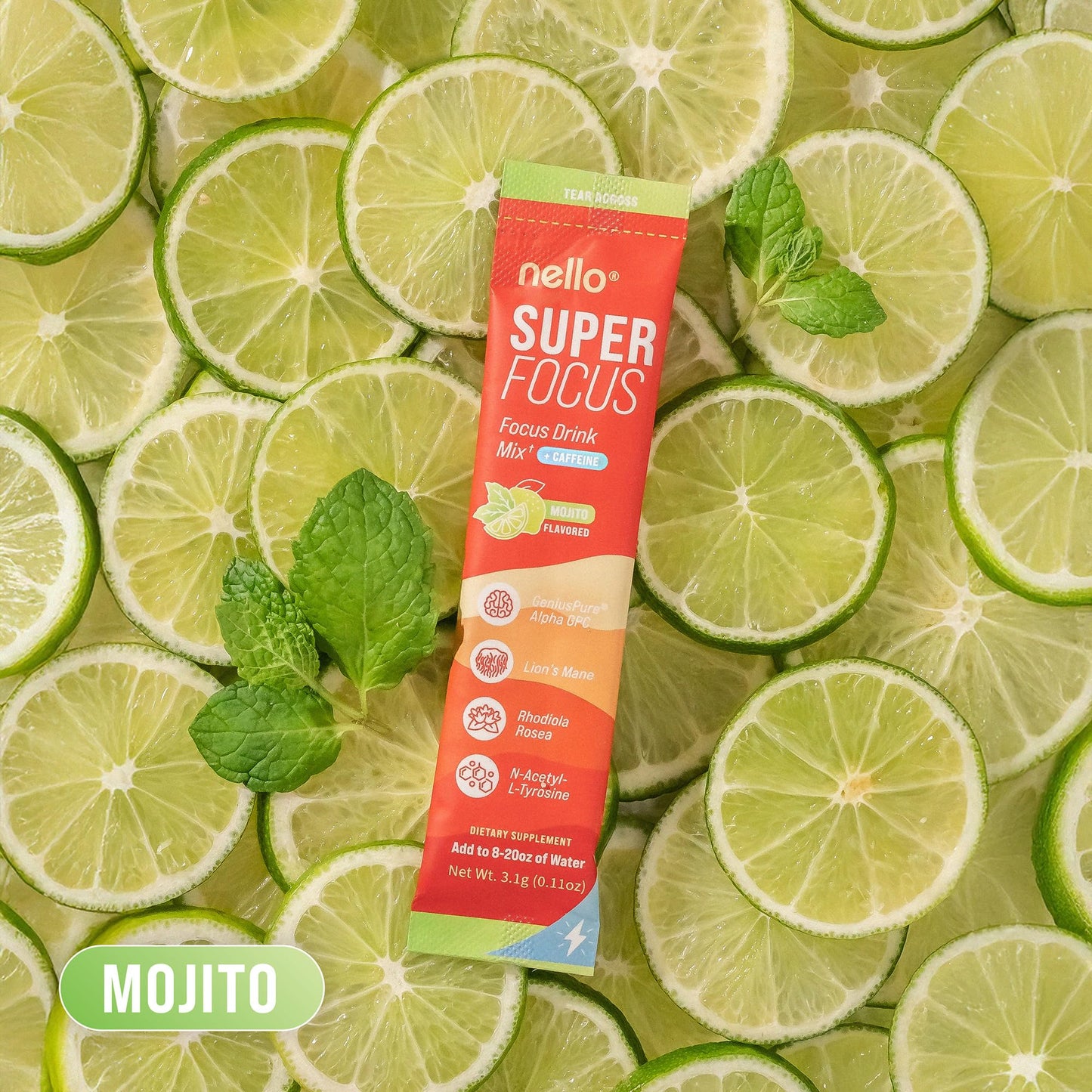 Nello Superfocus Mojito with Caffeine Nootropic Focus Drink Mix, 20 On-The-Go Packets, Alpha GPC, Lions Mane, Rhodiola, Sugar-Free - Maple Wellness Supplements