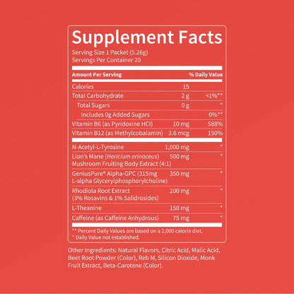 Nello Superfocus – Nootropic Focus Drink Mix for Productivity, Caffeine, L-Theanine, Rhodiola Rosea, Alpha-GPC, Lion’s Mane, Tyrosine, Sugar-Free Packets - With Caffeine (Pack of 20) (20 Servings (Caffeine), Fruit Punch) - Maple Wellness Supplements