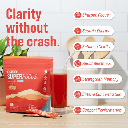 Nello Superfocus – Nootropic Focus Drink Mix for Productivity, Caffeine, L-Theanine, Rhodiola Rosea, Alpha-GPC, Lion’s Mane, Tyrosine, Sugar-Free Packets - With Caffeine (Pack of 20) (20 Servings (Caffeine), Fruit Punch) - Maple Wellness Supplements