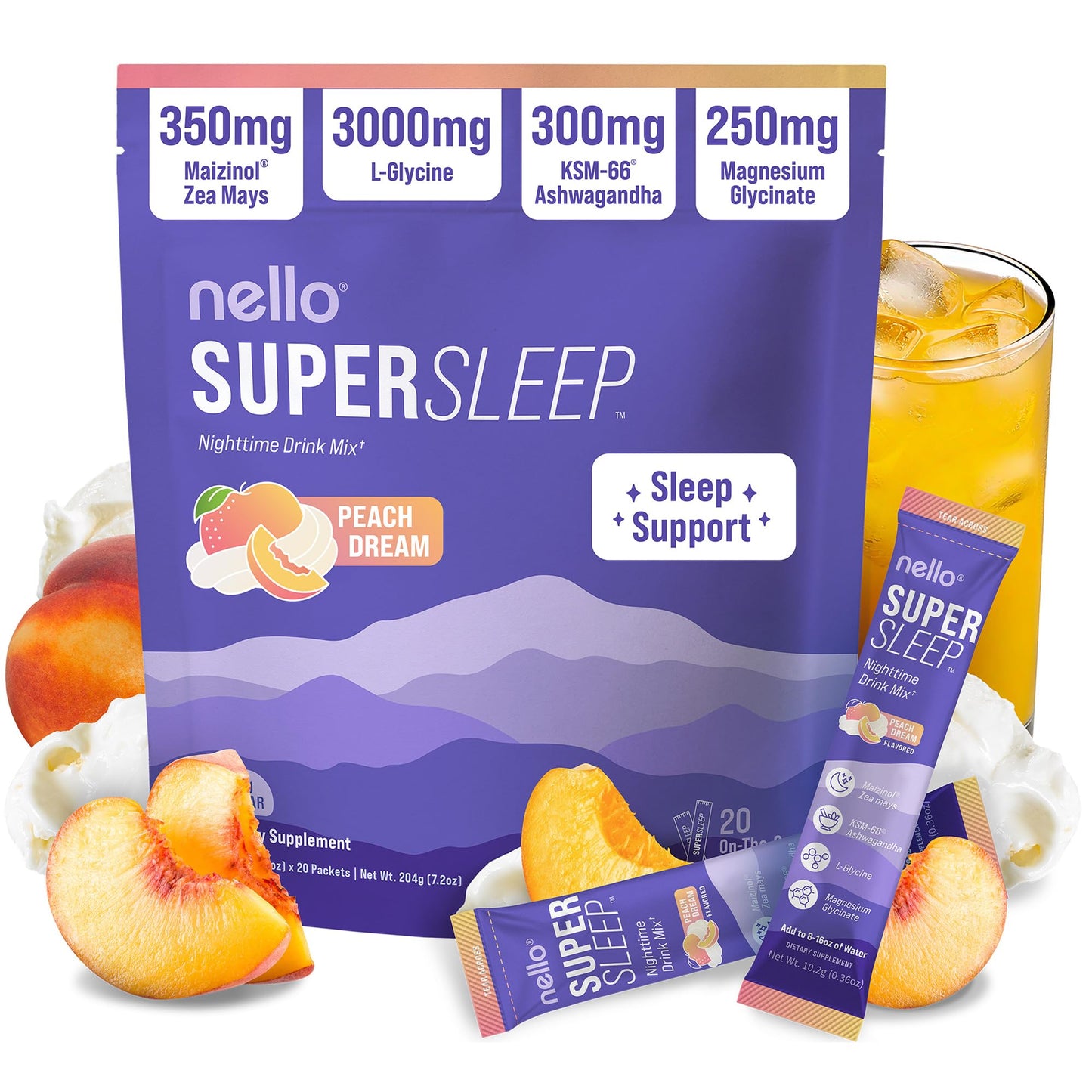 Nello Supersleep, Nighttime Sleep Support Drink Mix, Ashwagandha, Maizinol, L-Glycine, Magnesium Glycinate, Peach Dream (Pack of 20) - Maple Wellness Supplements