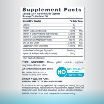 NeoCell Marine Collagen Peptides Capsules | 120 Pills | with Hyaluronic Acid | Plus Vitamin C | for Women and Men - Maple Wellness Supplements