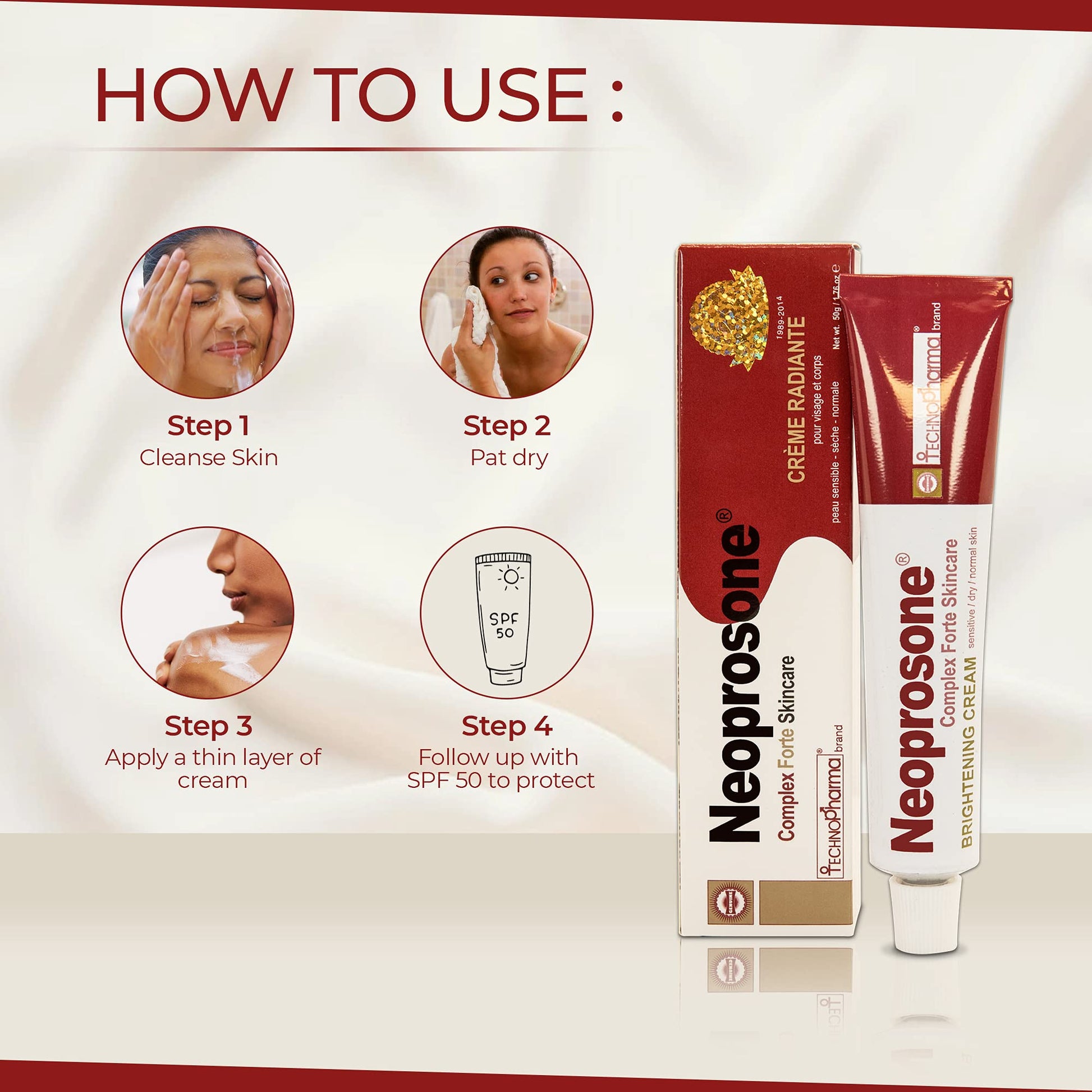 Neoprosone, Skin Brightening Cream | 1.7 Fl oz / 50 ml | Fade Dark Spots on: Face, Elbows - Maple Wellness Supplements