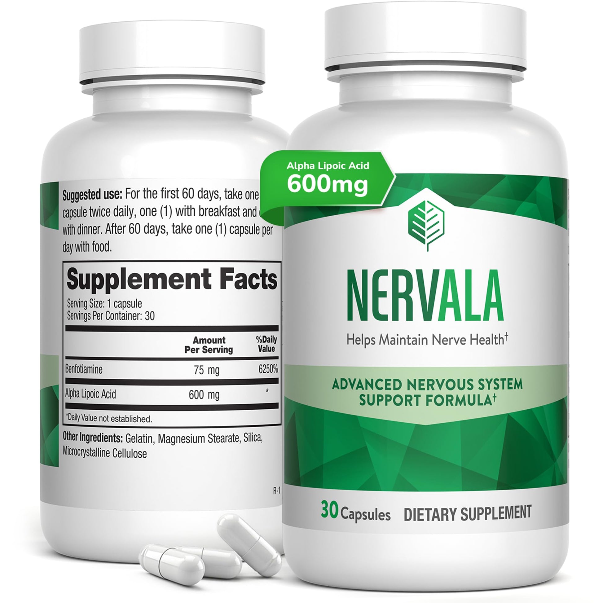 Nervala - Alpha Lipoic Acid 600mg - ALA Supplement Antioxidant for Nerve, Energy & Circulation Support- Extra Strength with Benfotiamine - Made in USA, Lab Tested - 30 Capsules, 1 Month Supply - Maple Wellness Supplements