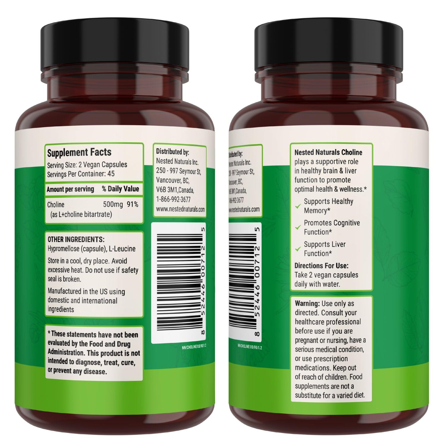 Nested Naturals Choline Bitartrate 500mg Per Serving - High Potency Choline Supplements - Supports Cognitive Performance & Liver Function - Maple Wellness Supplements