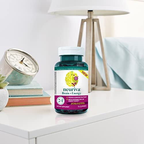 NEURIVA Brain + Energy Gummies, Nootropic Brain Supplements for Focus and Concentration with Neurofactor, Vitamin B12 & Caffeine for an Energy Boost*, 75ct Natural BlackBerry - Maple Wellness Supplements