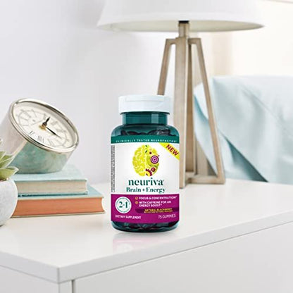 NEURIVA Brain + Energy Gummies, Nootropic Brain Supplements for Focus and Concentration with Neurofactor, Vitamin B12 & Caffeine for an Energy Boost*, 75ct Natural BlackBerry - Maple Wellness Supplements
