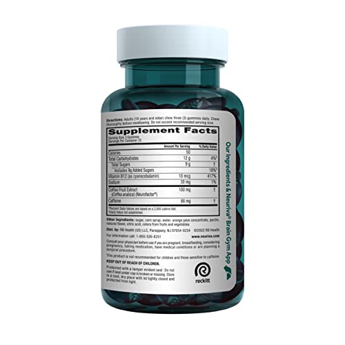 NEURIVA Brain + Energy Gummies, Nootropic Brain Supplements for Focus and Concentration with Neurofactor, Vitamin B12 & Caffeine for an Energy Boost*, 75ct Natural BlackBerry - Maple Wellness Supplements