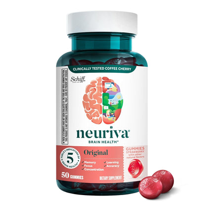 NEURIVA Original Brain Supplement for Memory, Focus & Concentration + Learning & Accuracy with Clinically Tested Nootropics Phosphatidylserine and Neurofactor, Strawberry Flavor, 50 Gummies - Maple Wellness Supplements