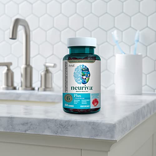 NEURIVA Plus Decaffeinated Nootropic Brain Supplement for Memory, Focus & Concentration & Cognitive Function, Clinically Tested NeuroFactor, Phosphatidylserine, Vitamins B6 B12,50ct Strawberry Gummies - Maple Wellness Supplements