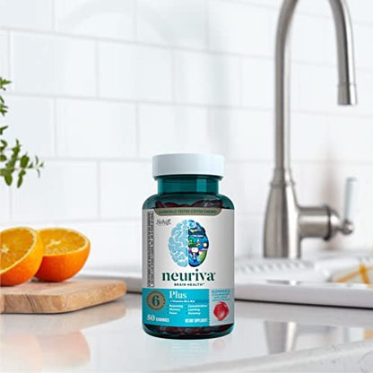 NEURIVA Plus Decaffeinated Nootropic Brain Supplement for Memory, Focus & Concentration & Cognitive Function, Clinically Tested NeuroFactor, Phosphatidylserine, Vitamins B6 B12,50ct Strawberry Gummies - Maple Wellness Supplements