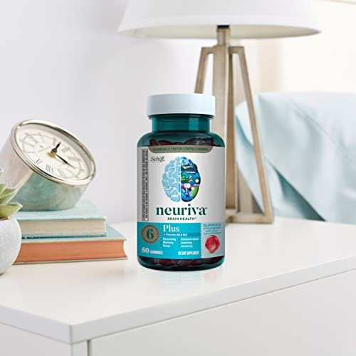 NEURIVA Plus Decaffeinated Nootropic Brain Supplement for Memory, Focus & Concentration & Cognitive Function, Clinically Tested NeuroFactor, Phosphatidylserine, Vitamins B6 B12,50ct Strawberry Gummies - Maple Wellness Supplements
