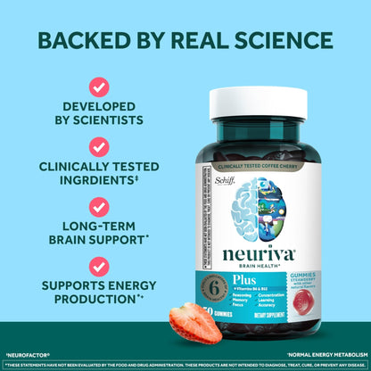 NEURIVA Plus Decaffeinated Nootropic Brain Supplement for Memory, Focus & Concentration & Cognitive Function, Clinically Tested NeuroFactor, Phosphatidylserine, Vitamins B6 B12,50ct Strawberry Gummies - Maple Wellness Supplements