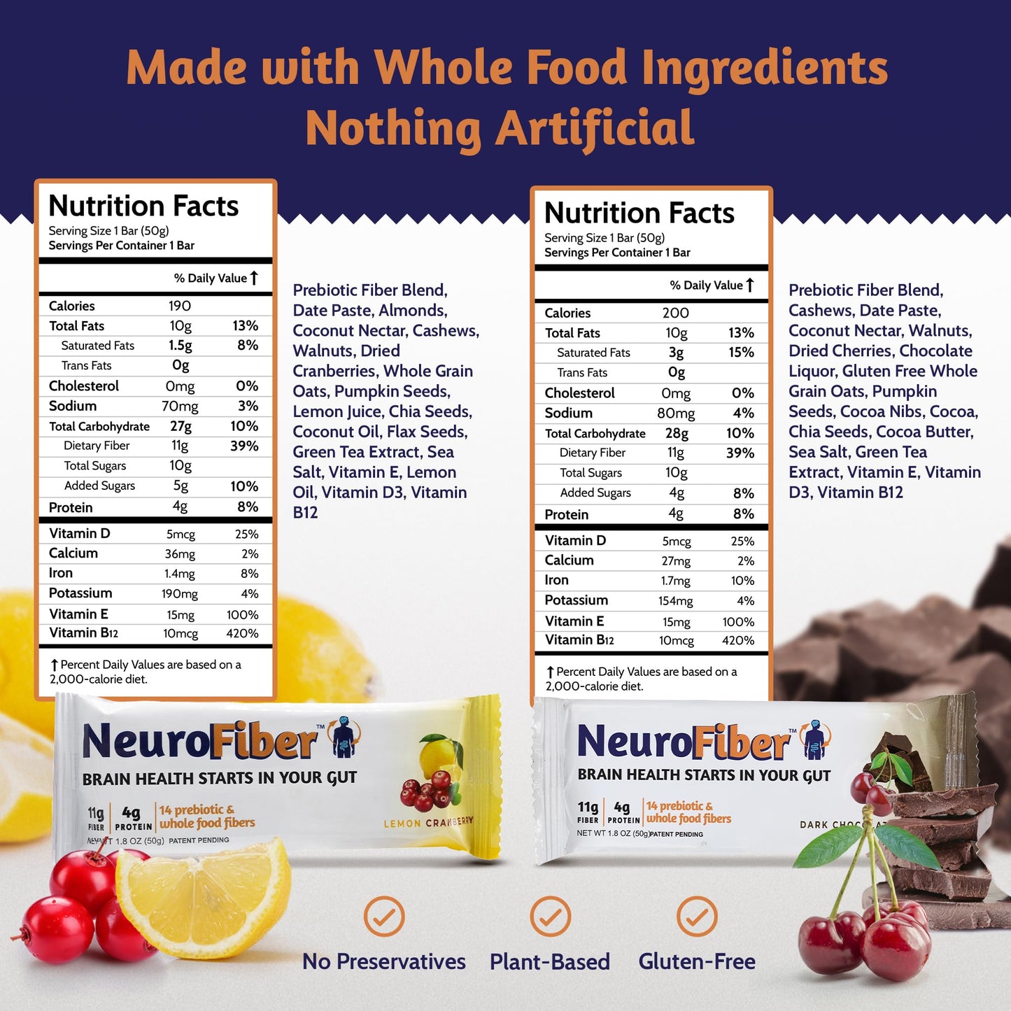 NeuroFiber Prebiotic High Fiber Bars – Gut Health, Bowel Regularity & Brain Function Support – Plant-Based, Gluten Free, Vega - Maple Wellness Supplements