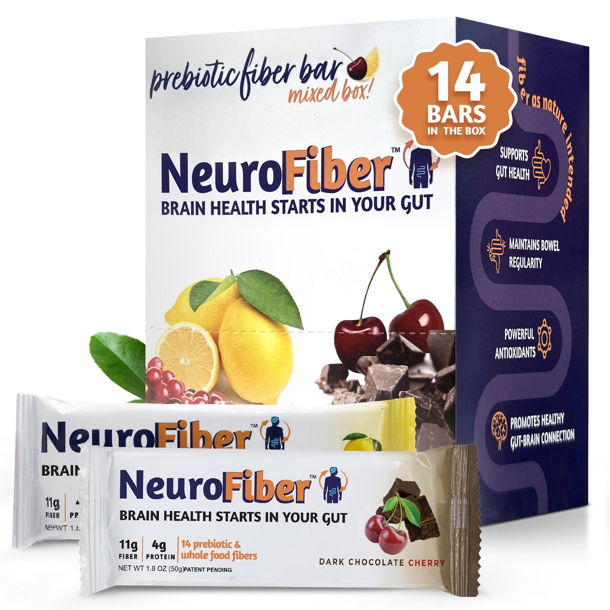 NeuroFiber Prebiotic High Fiber Bars – Gut Health, Bowel Regularity & Brain Function Support – Plant-Based, Gluten Free, Vega - Maple Wellness Supplements