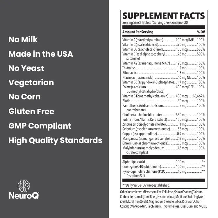 NeuroQ Daily Essentials Multivitamin – High‑Potency Brain & Body Support with Choline 550 mg, PQQ, CoQ10, Alpha Lipoic Acid - Maple Wellness Supplements