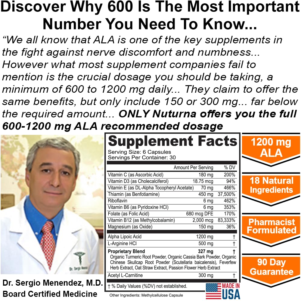 Neuroturna Support Supplement with 1200 mg Pure Alpha Lipoic Acid - Maximum Strength Formula with ALA + Vitamins + Minerals + Herbs - Best Natural Support - 180 Capsules - Maple Wellness Supplements